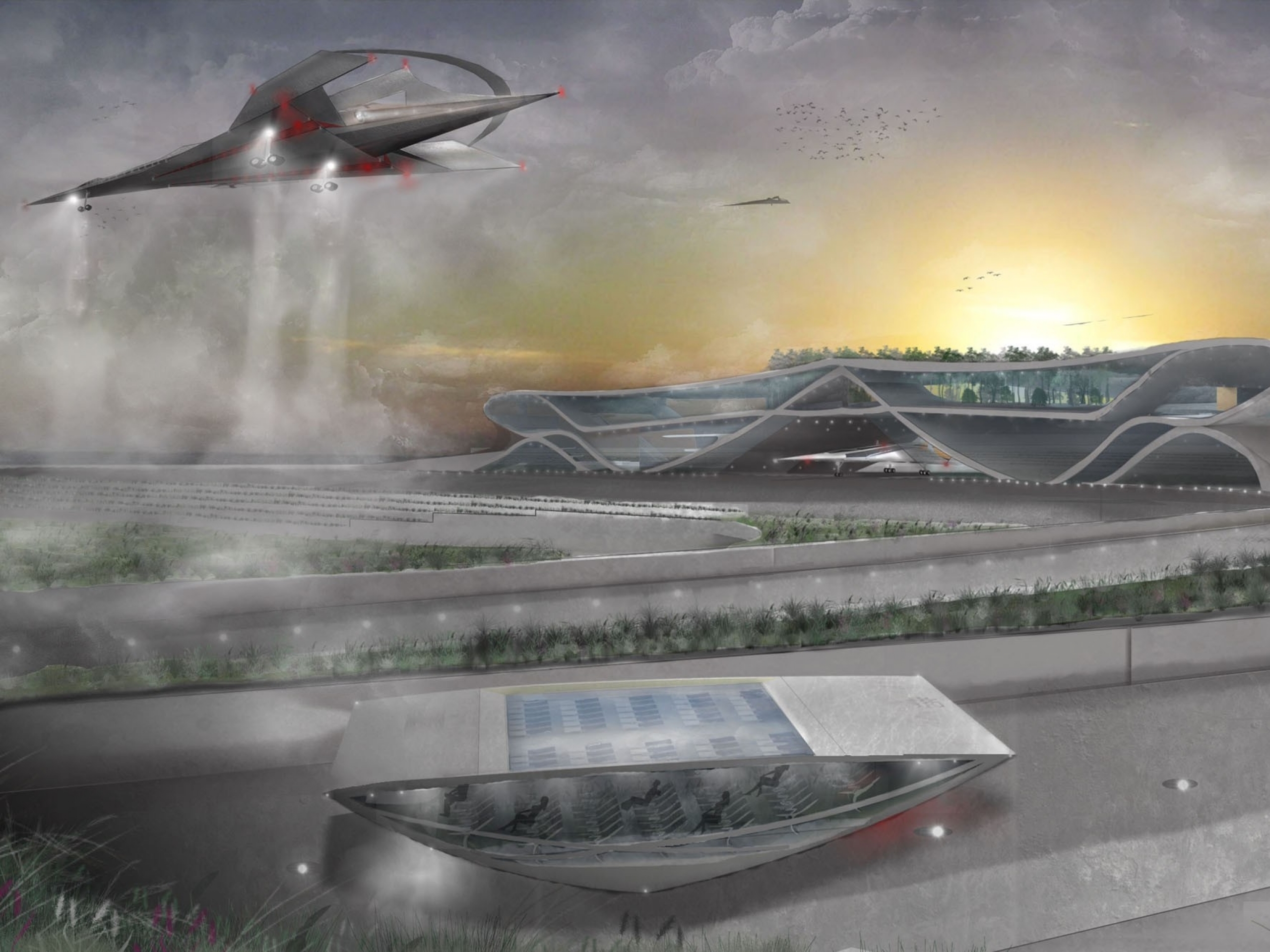 futuristic, Airport, Sci fi, Airplane, Spaceship Wallpaper