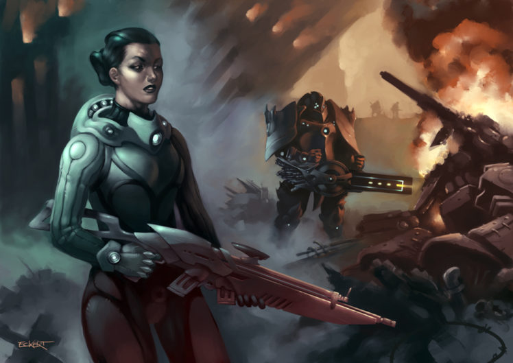 warrior, Rifle, Armor, Fantasy, Girl, Robot, Battle, Mecha, Sci fi HD Wallpaper Desktop Background