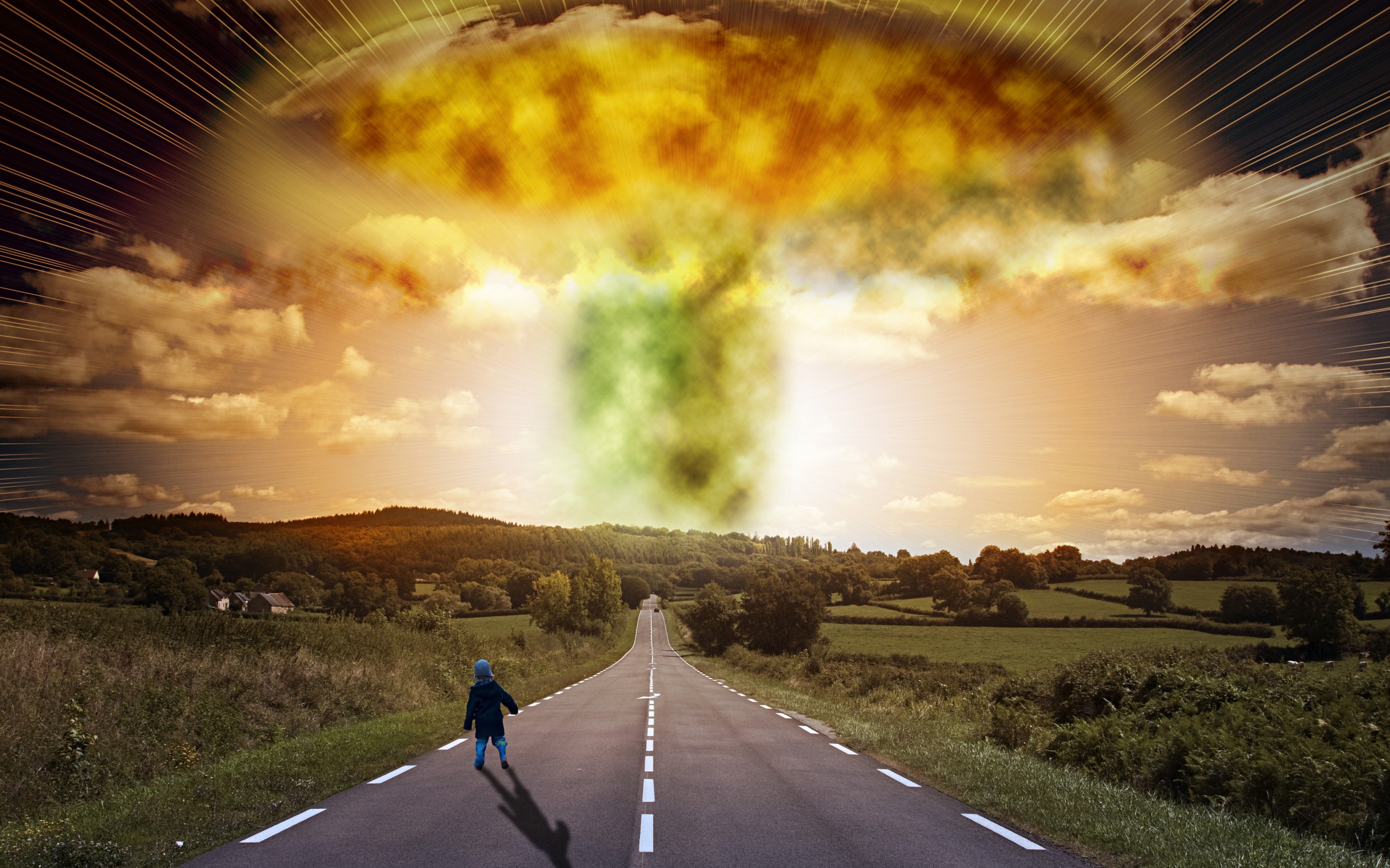 road, Child, Explosion, Apocalypse, Signs, Houses, Trees, Apocalyptic, Nuclear, Radiation, Bomb Wallpaper
