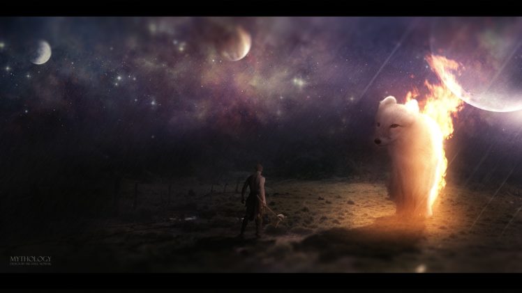 stars, Planets, Fire, Creature, Planet, Fox, Dark, Mythology HD Wallpaper Desktop Background