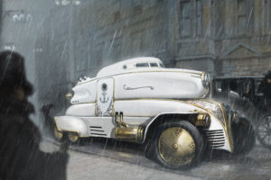 art, Steampunk, Car, City, White, Rain, Storm, Custom, Retro