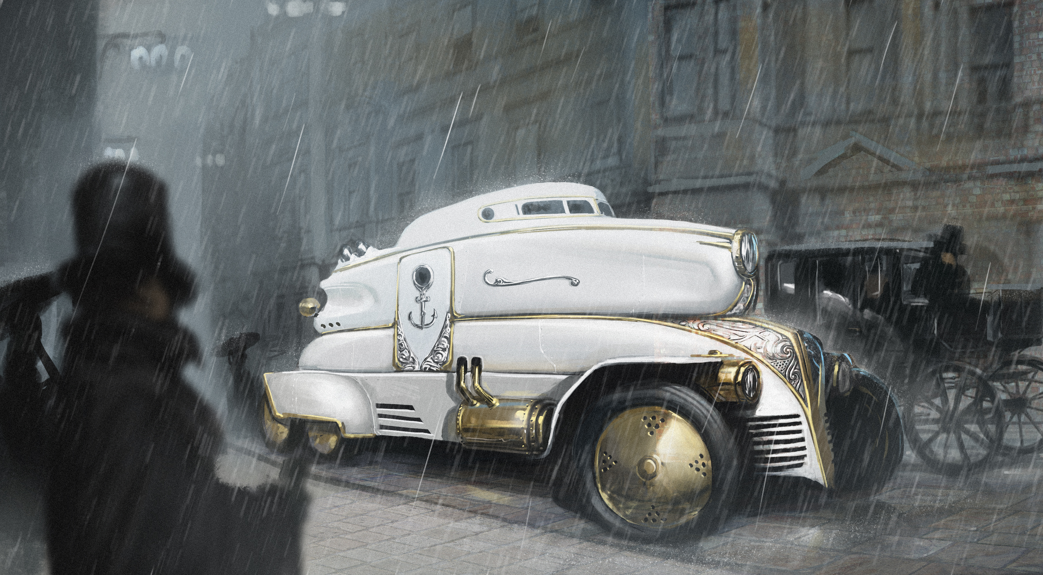 art, Steampunk, Car, City, White, Rain, Storm, Custom, Retro Wallpaper