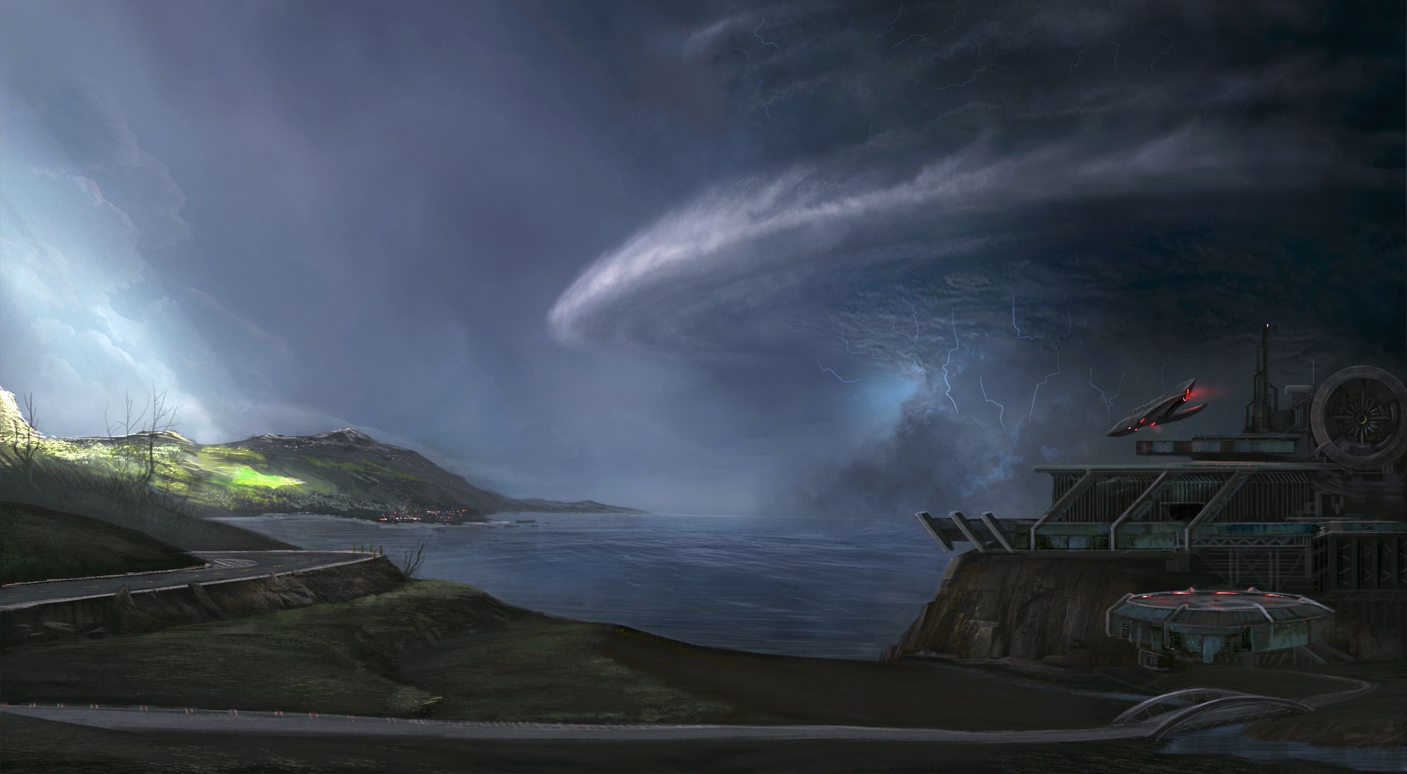 sci fi, Peter, Kim, Storm, Lightning, Rain, Spaceship Wallpaper