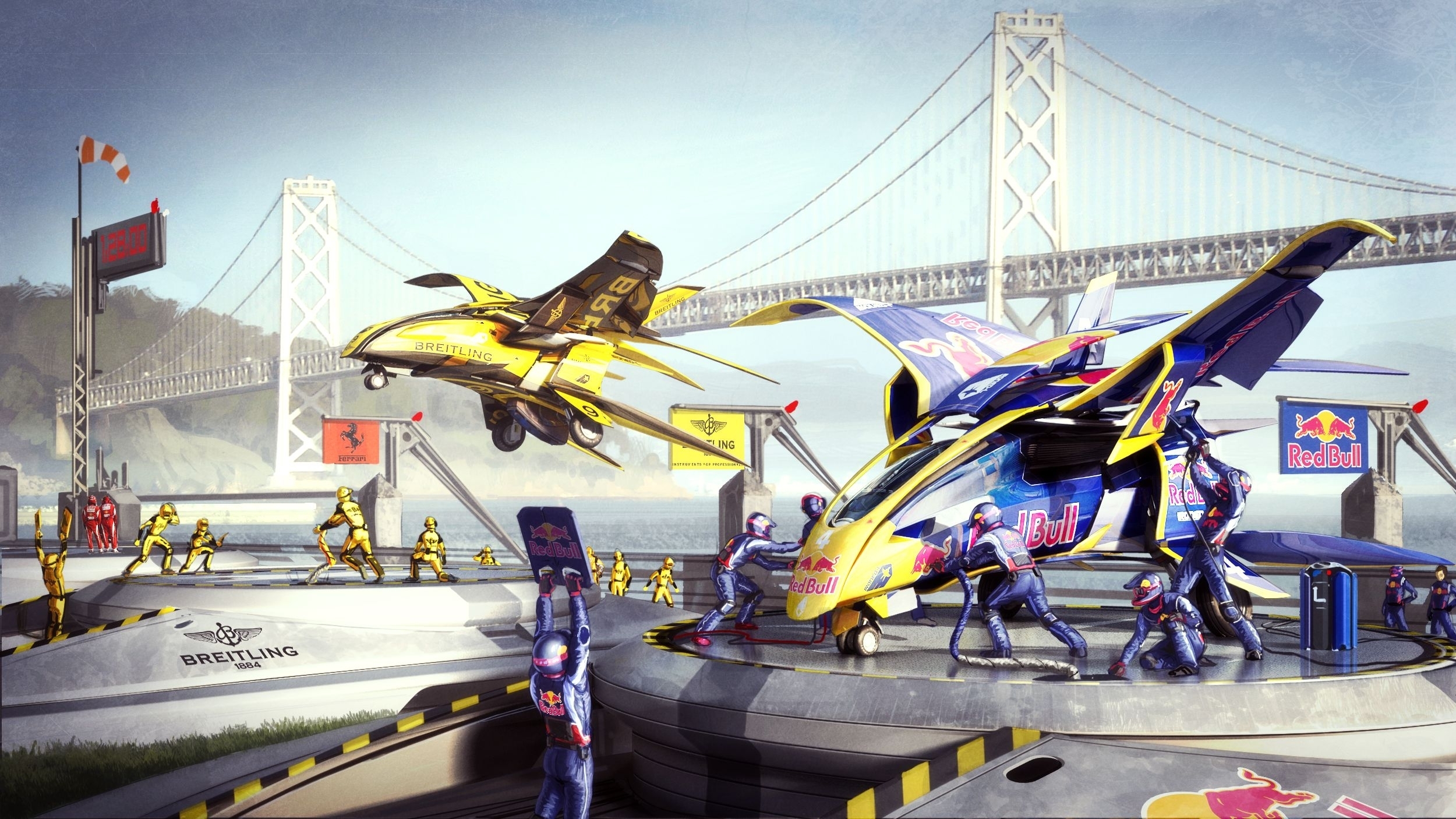 technics, Bridge, Red, Bull, Takeoff, Spaceship, Race, Racing Wallpaper