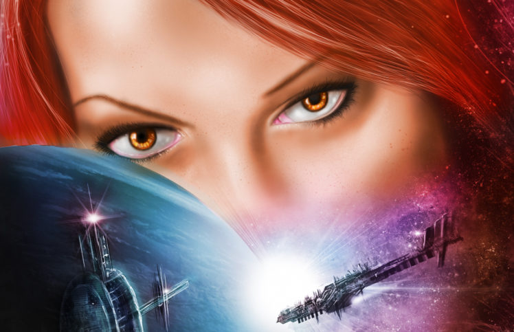 spaceship, Glance, Eyes, Face, Redhead, Women, Girl, Planet, Stars HD Wallpaper Desktop Background