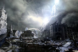 lightning, Buildings, Apocalyptic, Metro, Rubble, Dark