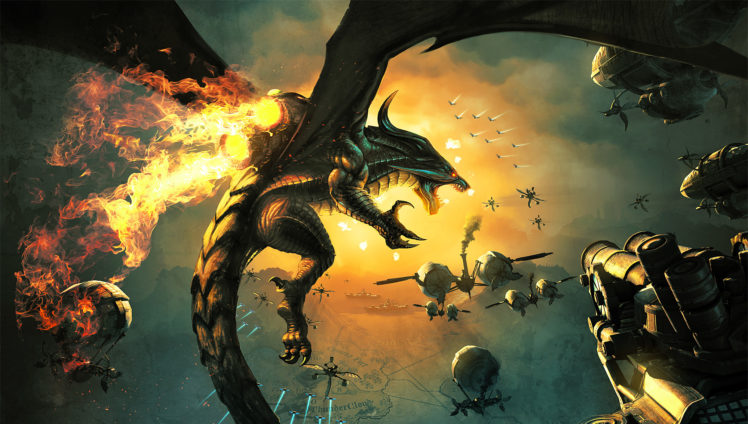 dragon, War, Battle, Steampunk, Technics, Flight, Wings, Fantasy HD Wallpaper Desktop Background