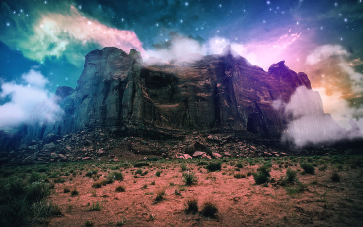 science, Fiction, Mountain, Cliff, Clouds, Space, Stones, Sand, Bushes HD Wallpaper Desktop Background