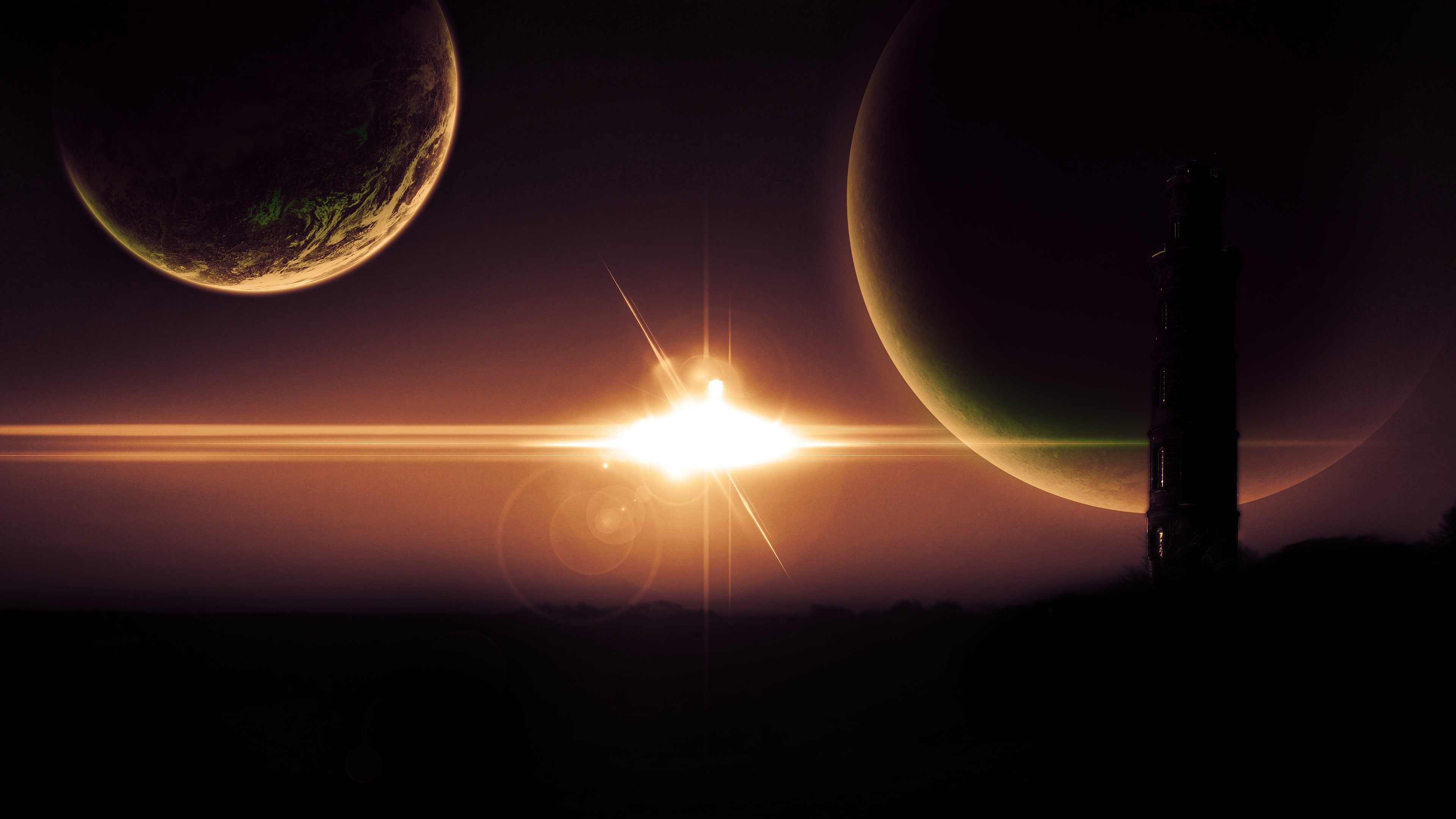 star, Tower, Silhouetted, Planet Wallpaper