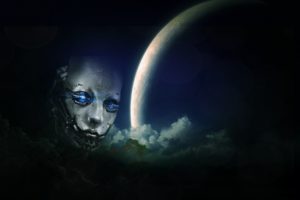 face, Android, Cyborg, Robot, Planet, Clouds, Psychedelic