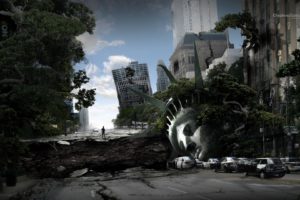 trees, Cars, Buildings, Crack, Statue, Of, Liberty, Apocalyptic, Photo, Manipulation