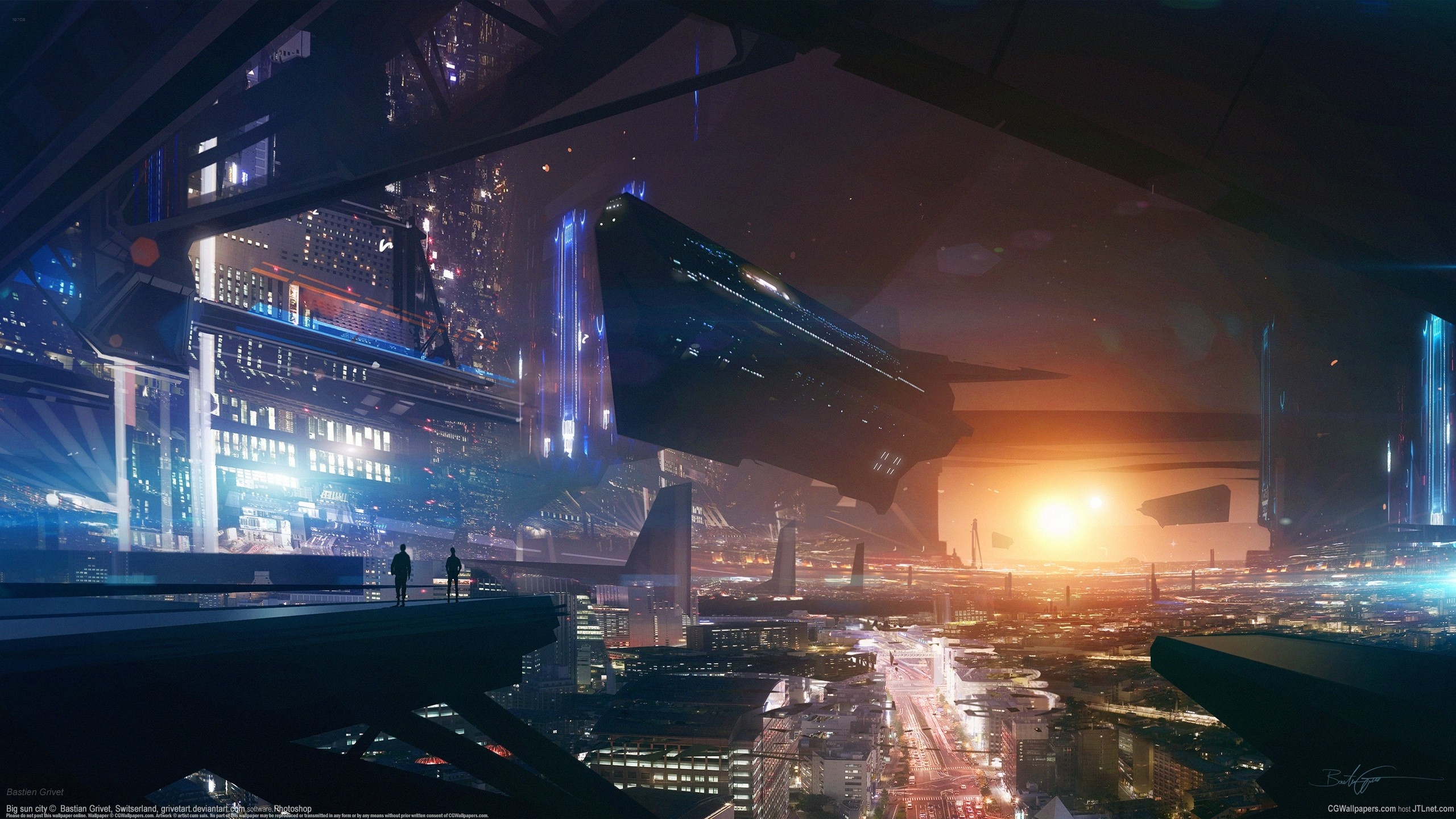 bastien, Grivet, City, Future, Panorama, Sunset, Spaceship Wallpaper