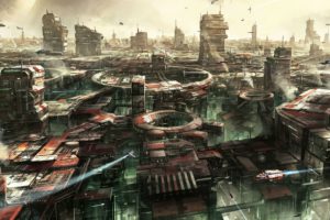 city, Spaceship, Futuristic