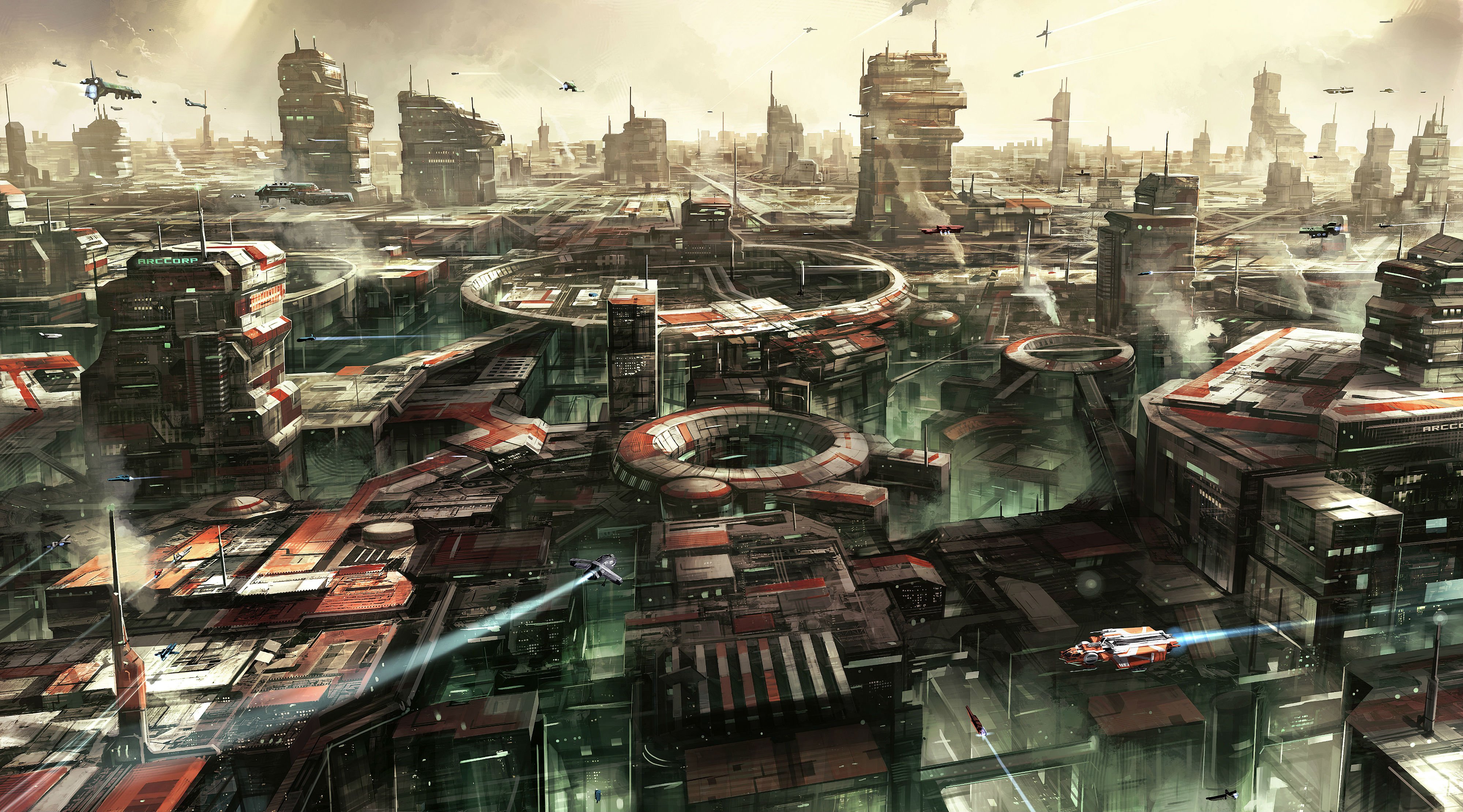city, Spaceship, Futuristic Wallpaper