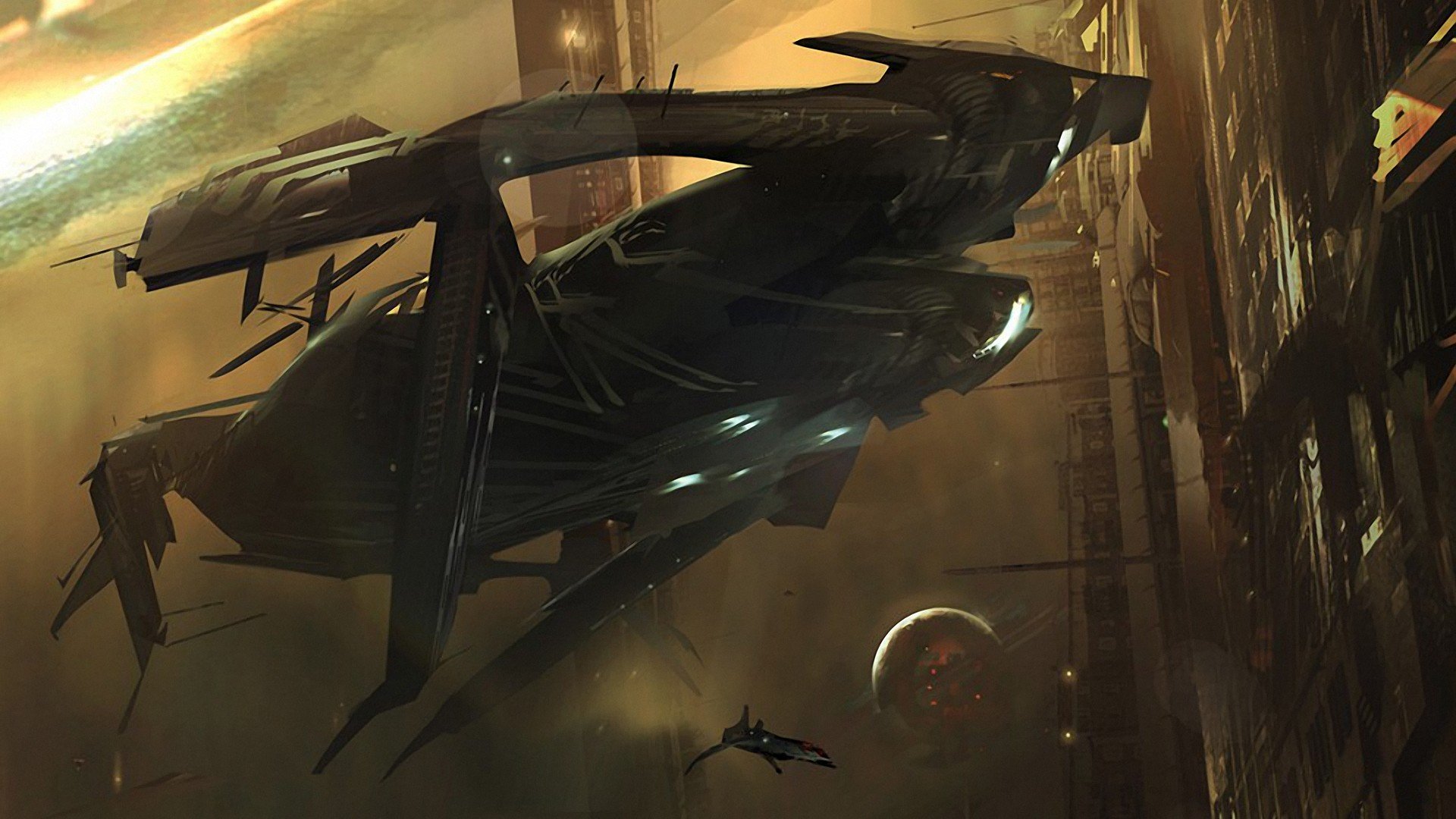 cityscapes, Lights, Buildings, Spaceships, Digital, Art, Science, Fiction, Artwork, Transportation Wallpaper