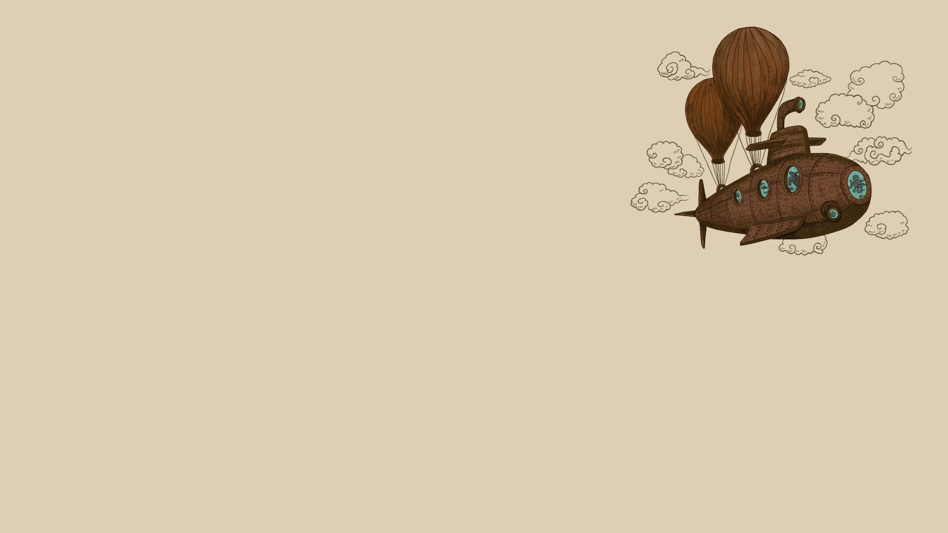 clouds, Minimalistic, Steampunk, Octopuses, Balloons, Reversed, Reality, U boat Wallpaper