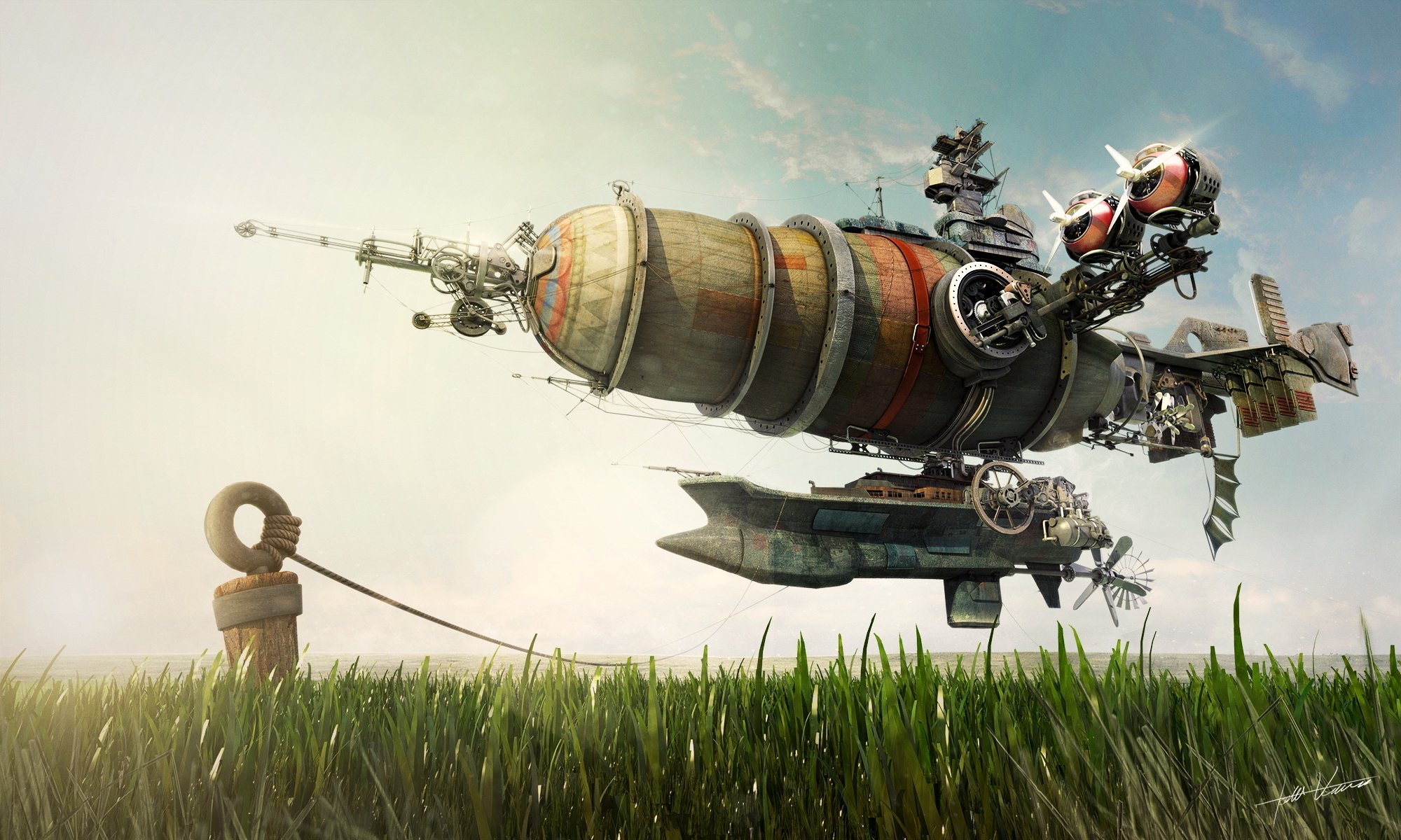 steampunk, Technics, Grass, Fantasy Wallpaper
