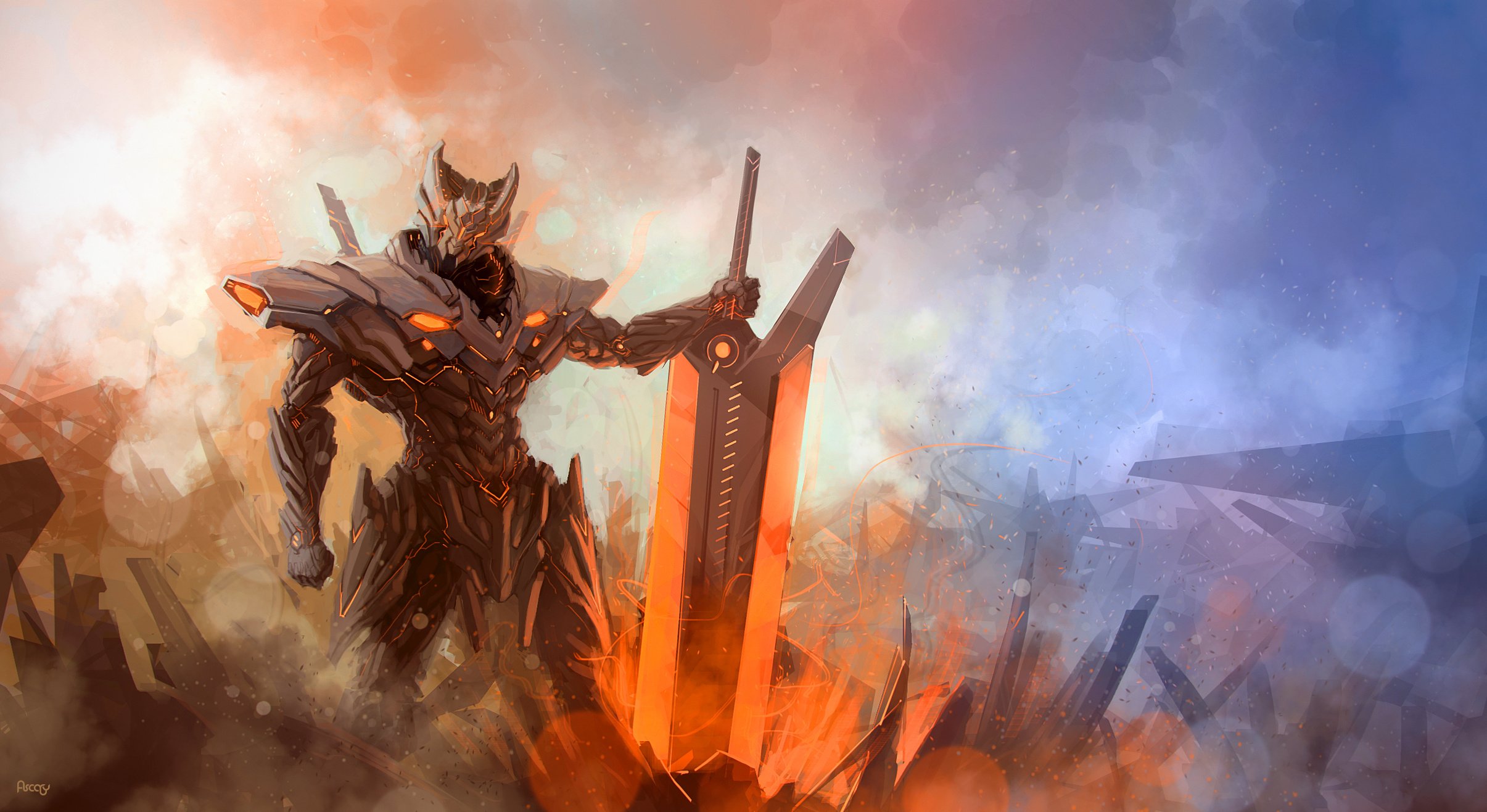 fog, Warrior, Armor, Sword, Energy, Hi tech, Fantasy, Sci fi Wallpaper