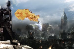 cockatoo, Parrot, Bird, Tropical, Dragon, Fire, Apocalyptic, Dark, Sci fi, City