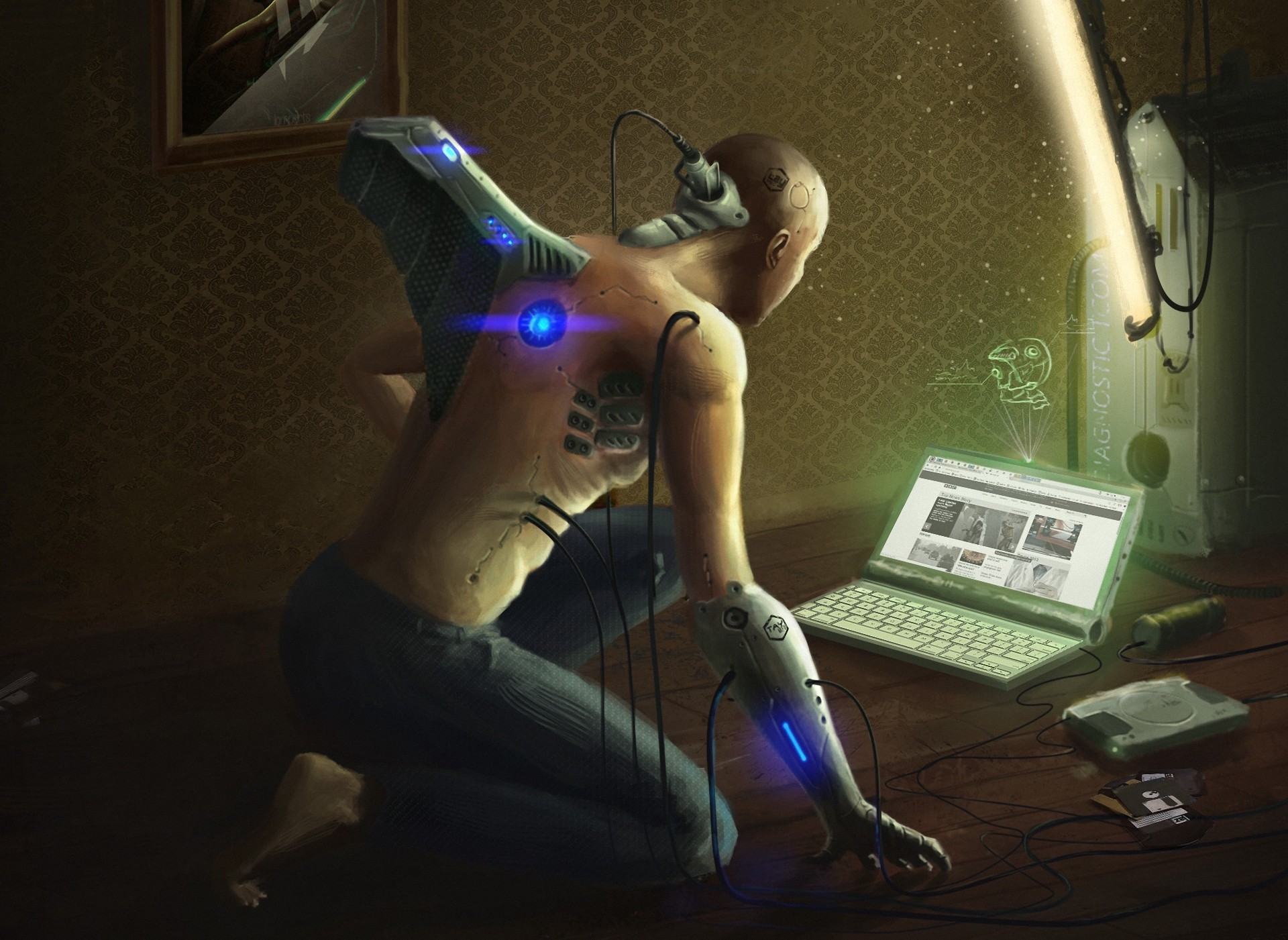 man, Android, Wires, Laptop, Floppy, Hard, Drive, Cyborg, Sci fi, Futuristic Wallpaper