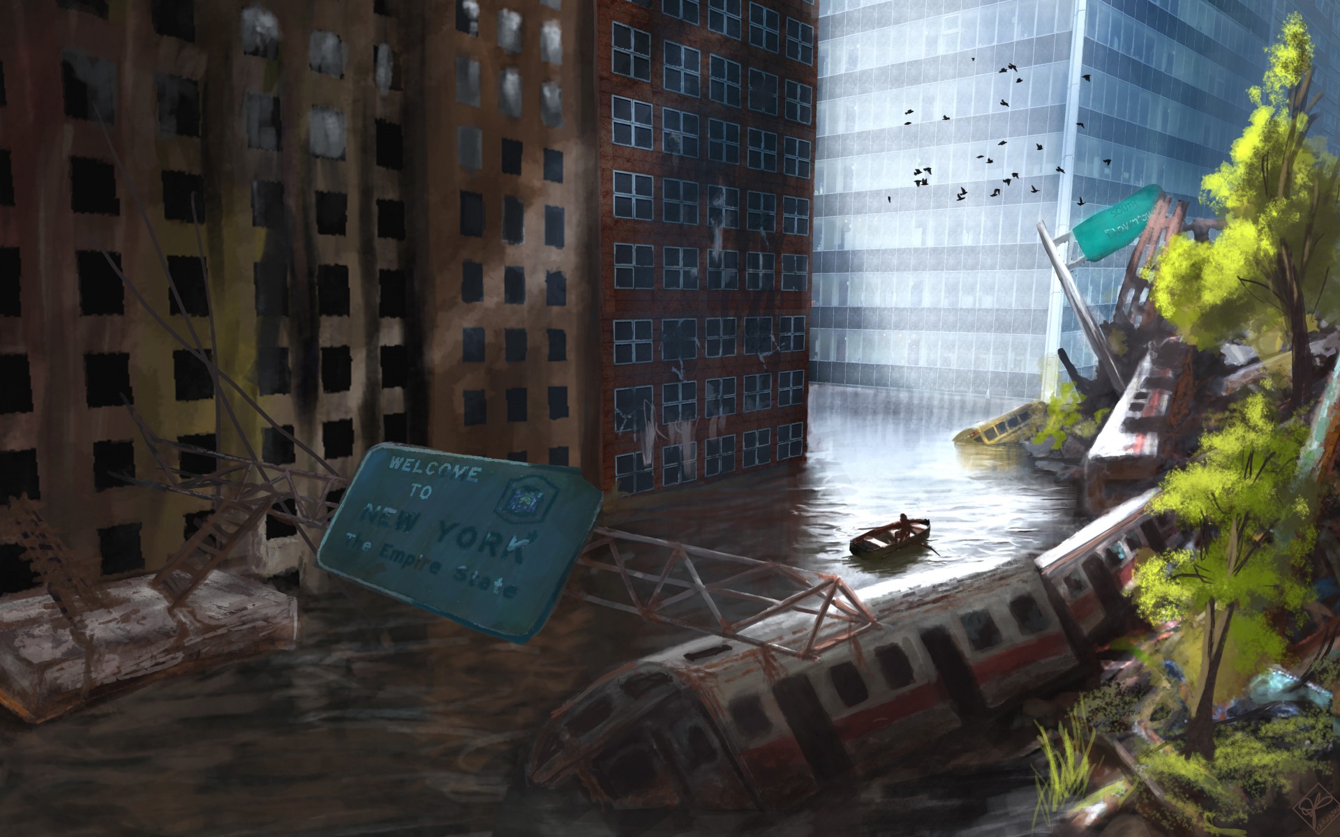 sci fi, Post, Apocalyptic, Flood, Cities, Architecture, Buildings, Dark, People, Boats, Situations, Trains, Roads, Art Wallpaper