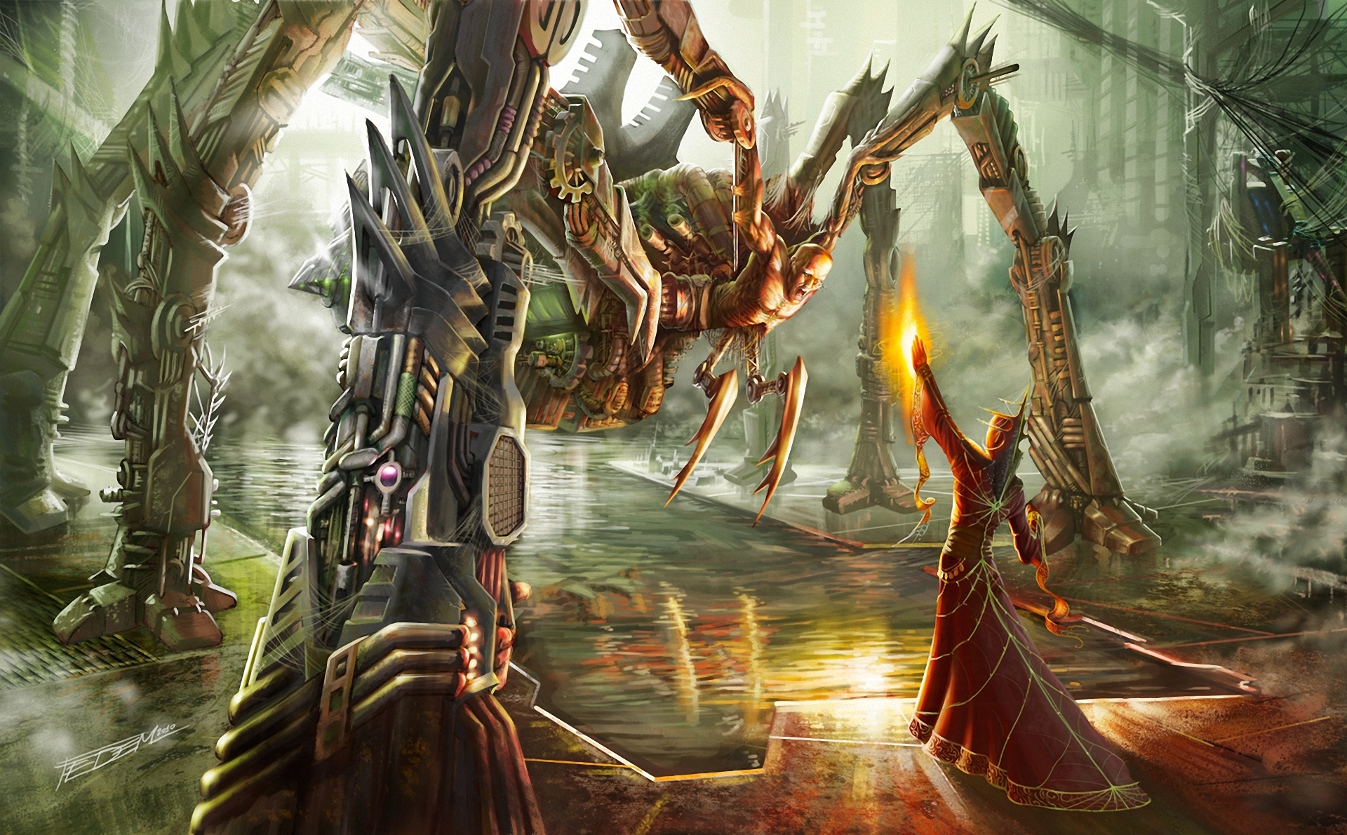 sorcerer, Magician, Wizard, Mage, Sci fi, Magic, Mecha, Spider, Dark