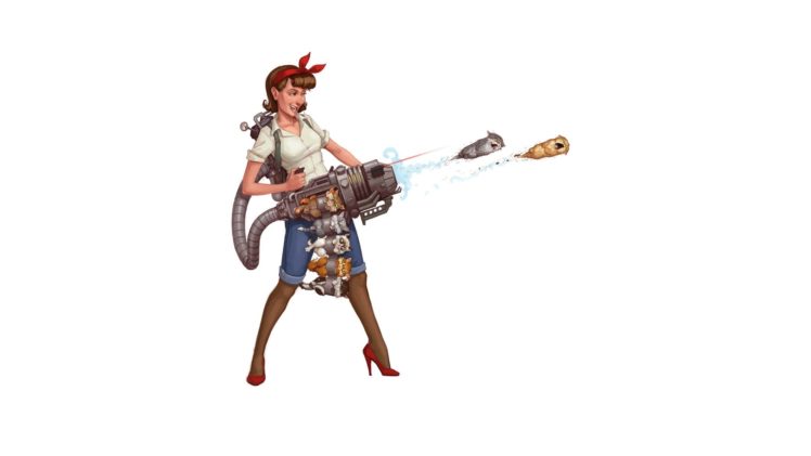kitten, Launcher, White, Cartoon, Humor, Funny, Cats, Girl, Women, Females, Cute, Weapons, Guns HD Wallpaper Desktop Background