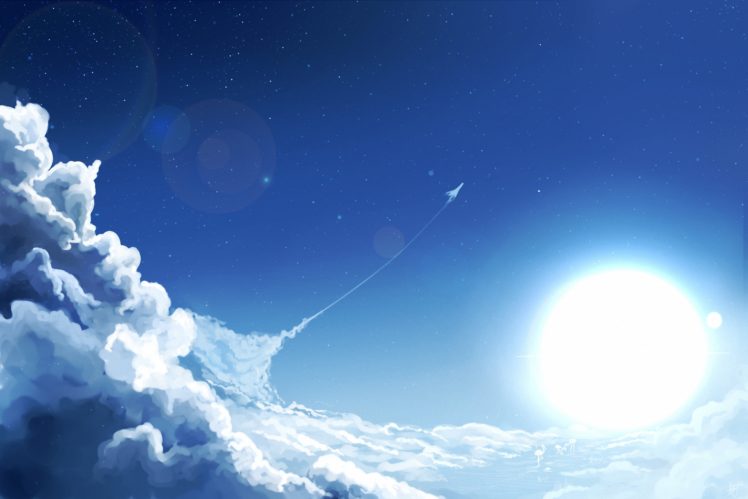 art, Sky, Sun, Clouds, Airplane, Aircraft, Stars, Moon HD Wallpaper Desktop Background