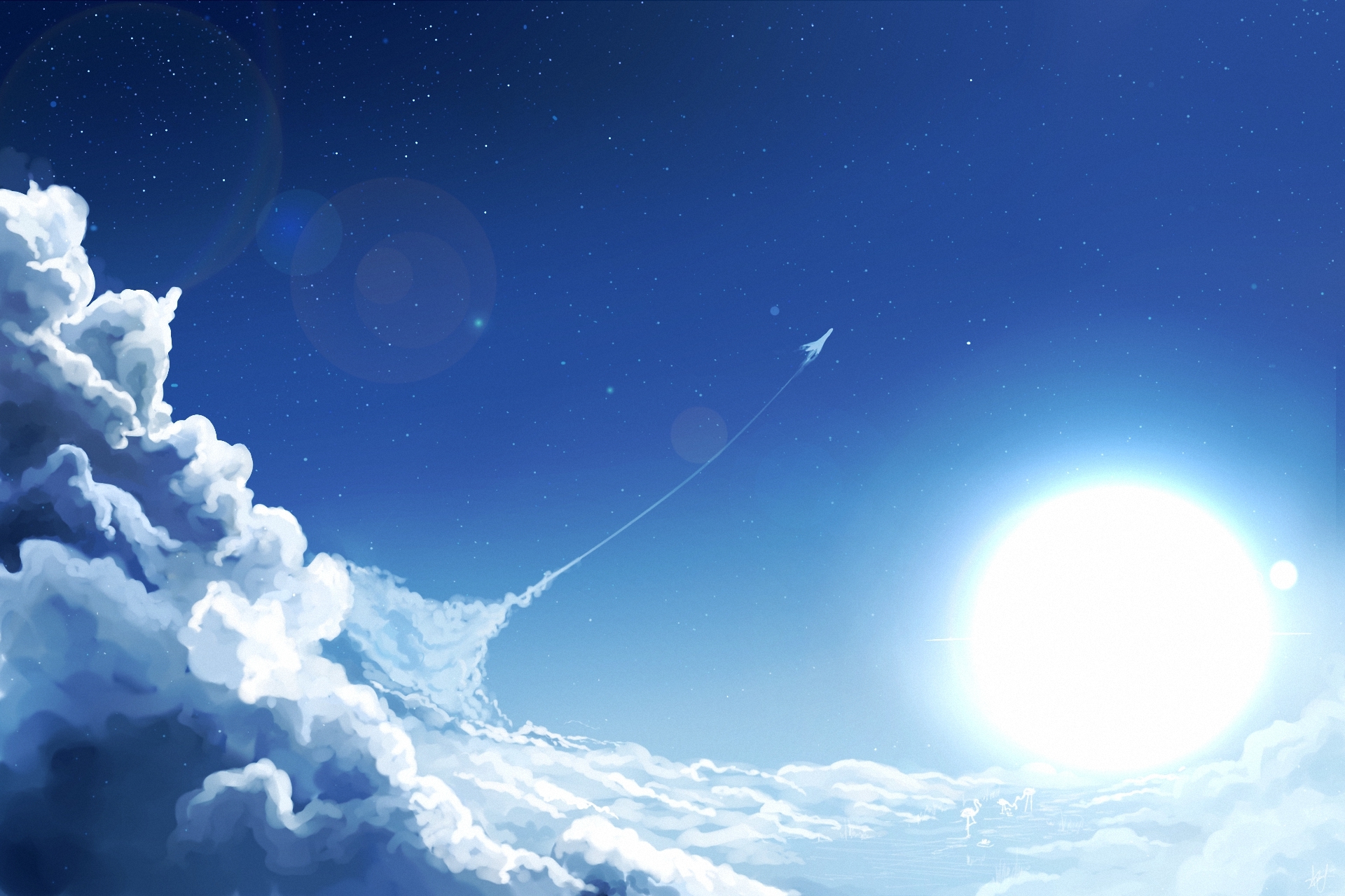art, Sky, Sun, Clouds, Airplane, Aircraft, Stars, Moon Wallpapers HD