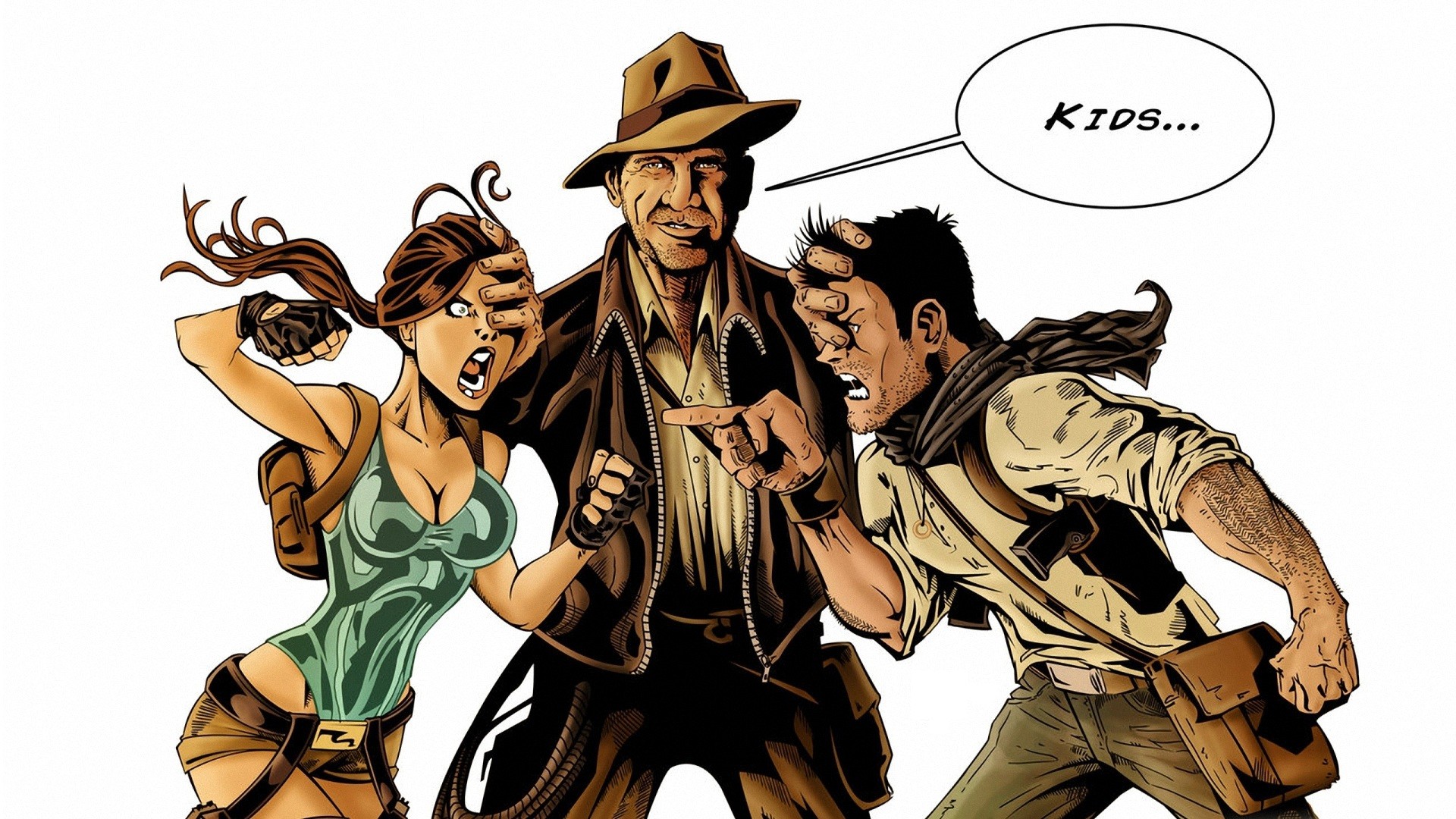indiana, Jones, Lara, Croft, White, Nathan, Drake, Tomb, Raider, Humor, Movies Wallpaper