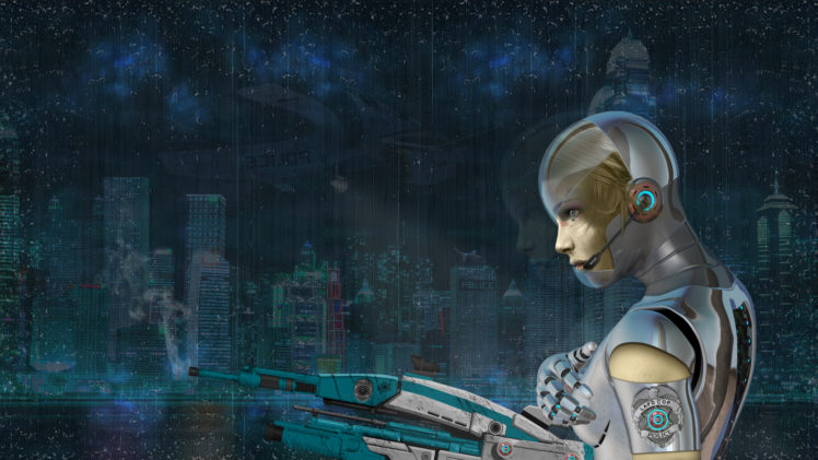 cyborg, Robot, Buildings, Weapons HD Wallpaper Desktop Background