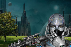 cyborg, Robot, Buildings, Weapons