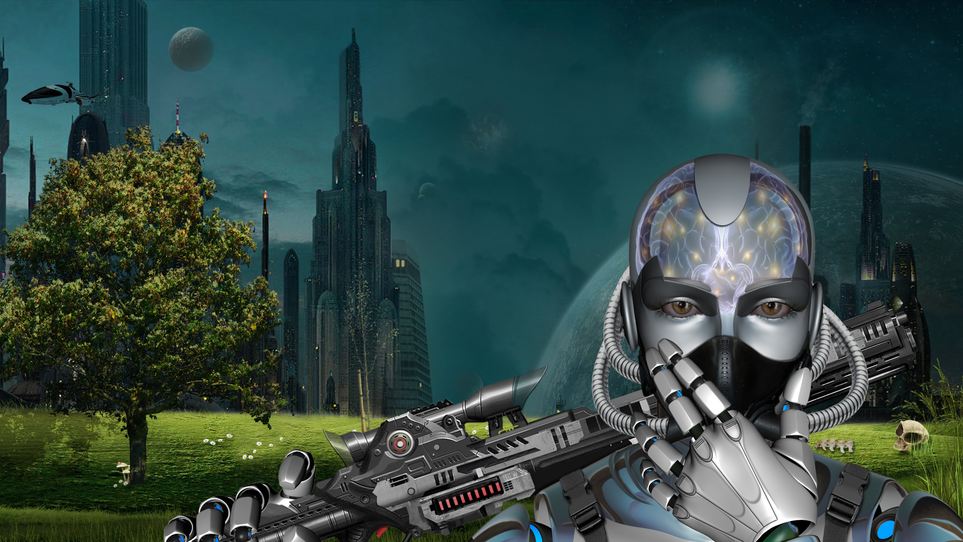 cyborg, Robot, Buildings, Weapons Wallpaper