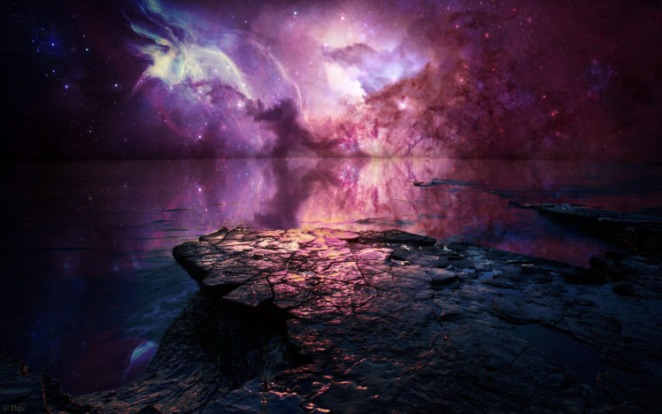 nebula, Stars, Rock, Stone, Ocean, Reflection, Sky, Beaches HD Wallpaper Desktop Background
