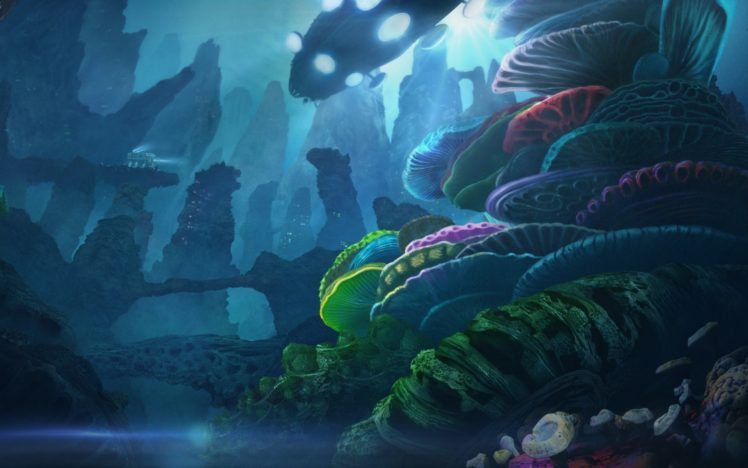 art, Underwater, Ship, Transport, Reefs, Corals, Rocks, Light, Fantasy, Ocean, Sci fi, Vehicles HD Wallpaper Desktop Background