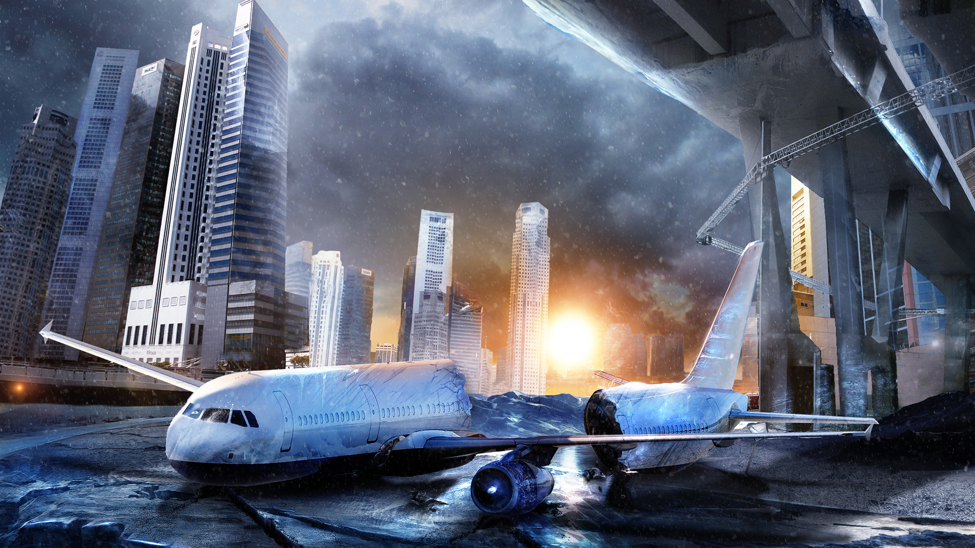 airplane, Buildings, Skyscrapers, Crash, Sunset, Cities, Aircraft Wallpaper