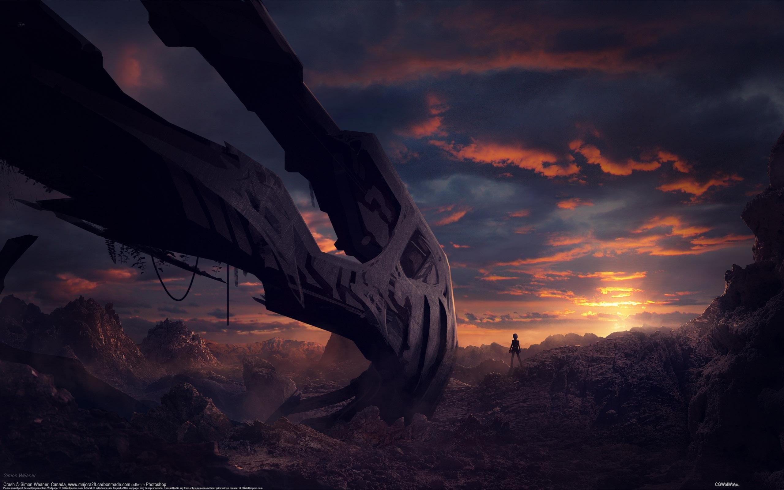 rocks, People, Planet, Sunrise, Spaceship, Skull Wallpaper