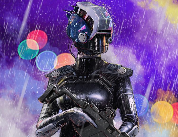 warrior, Assault, Rifle, Rain, Armor, Helmet, Fantasy, Cyborg, Robot HD Wallpaper Desktop Background