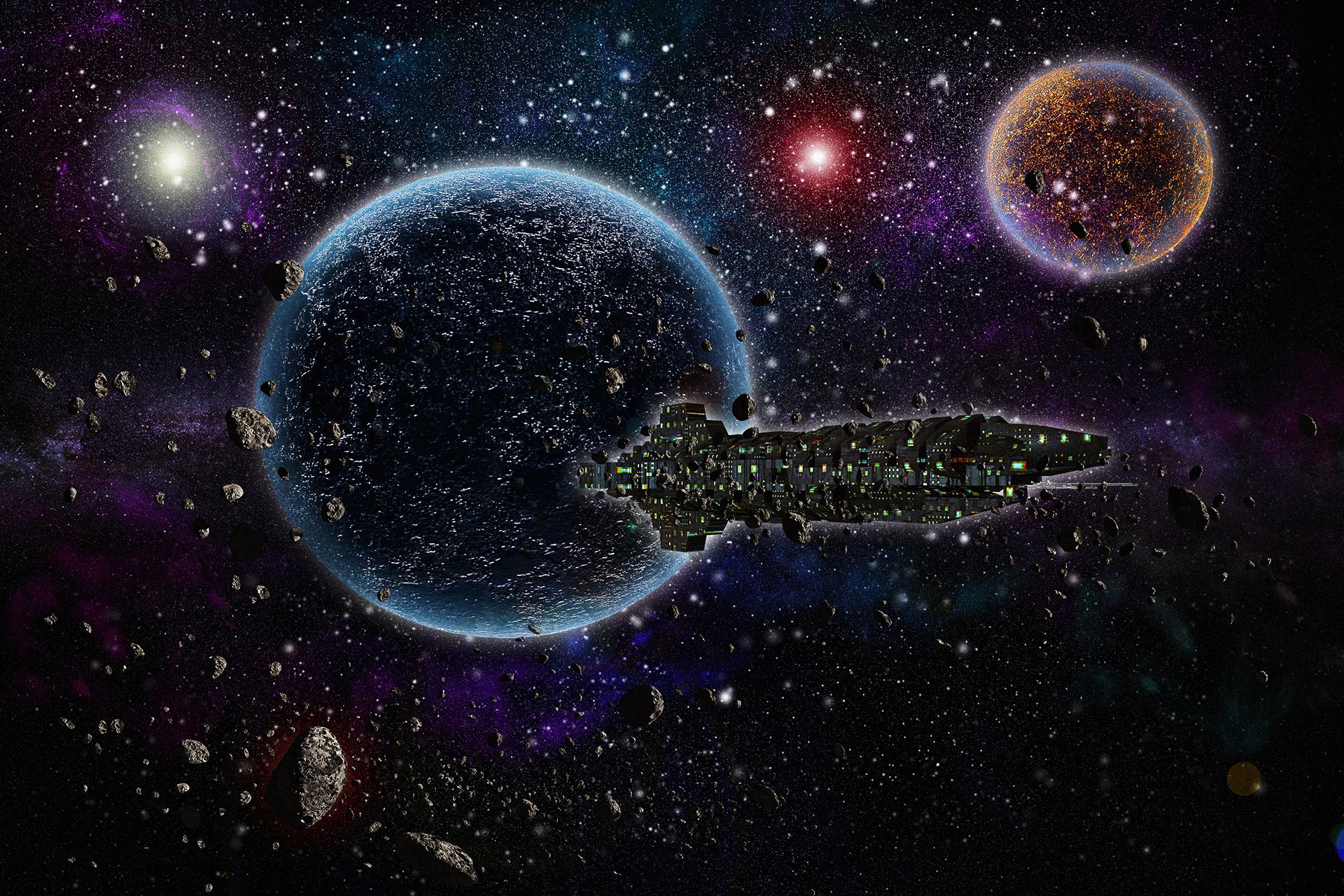 technics, Planet, Asteroids, Stars, Ship, Fantasy, Space, Sci fi, Spaceship, Moon Wallpaper