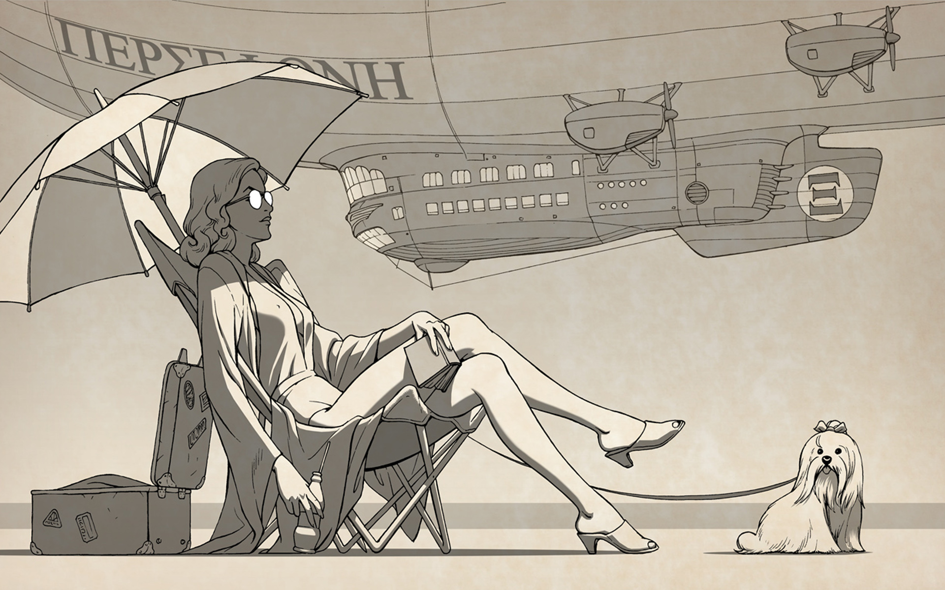vehicles, Airship, Dieselpunk, Retrofuture, Steampunk, Futuristic, Women, Females, Girls, Umbrella, Art Wallpaper