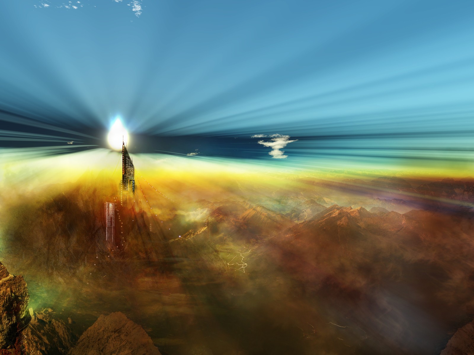 clouds, Dawn, Futuristic, Science, Fiction, Pulsar Wallpaper