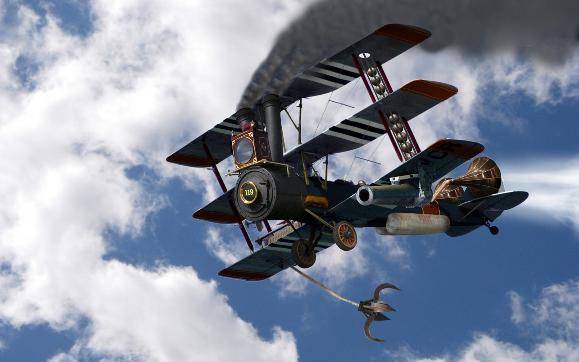 steampunk, Mechanical, Aircrafts, Airplanes, Flight, Sky, Clouds Wallpaper