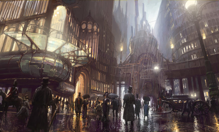 steampunk, Mechanical, Cities, Rain, Drops, Storm, Crowds, People, Roads HD Wallpaper Desktop Background