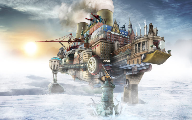 steampunk, Mechanical, Cities, Ships HD Wallpaper Desktop Background
