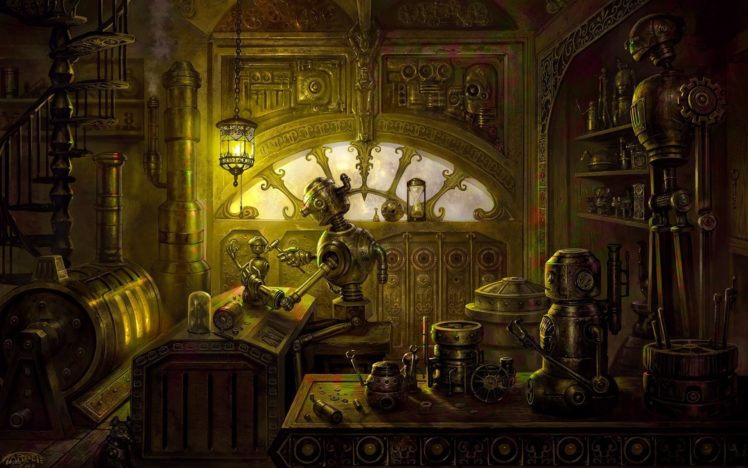 steampunk, Mechanical, Room, Robots HD Wallpaper Desktop Background