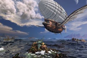 steampunk, Mechanical, Ship, Fantasy, Ocean, Sea, Flight, Clouds