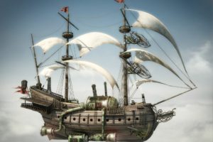 steampunk, Mechanical, Ships, Aircrafts, Airplane, Flight, Sky, Clouds