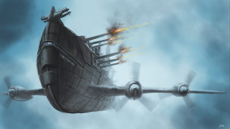 steampunk, Mechanical, Ships, Aircrafts, Airplane, Flight, Weapons, Guns, Explosion HD Wallpaper Desktop Background