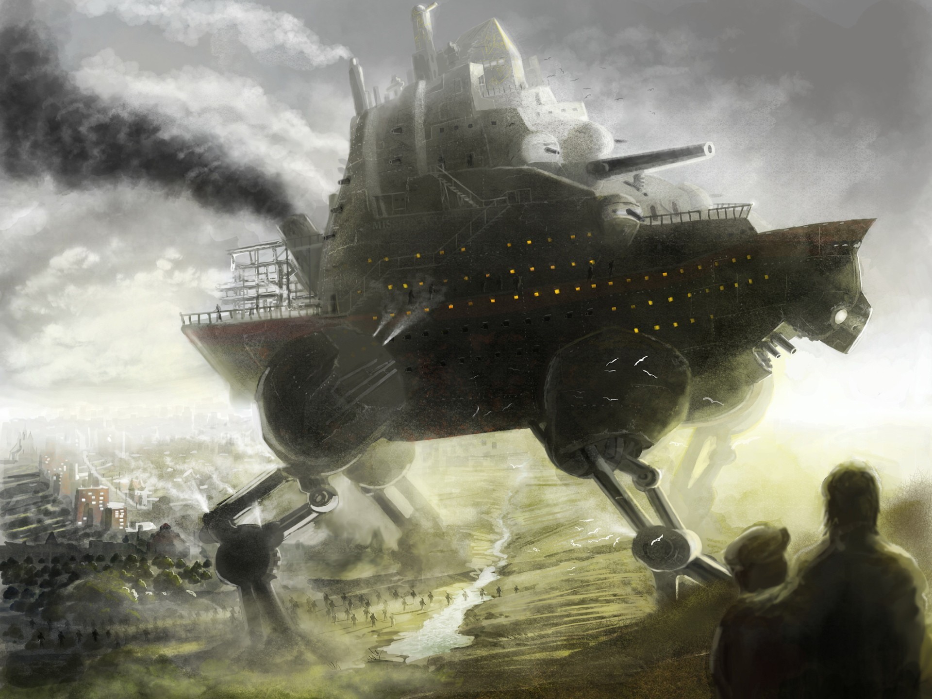 steampunk, Mechanical, Ships, Boats, Weapons, Guns, Cities Wallpaper