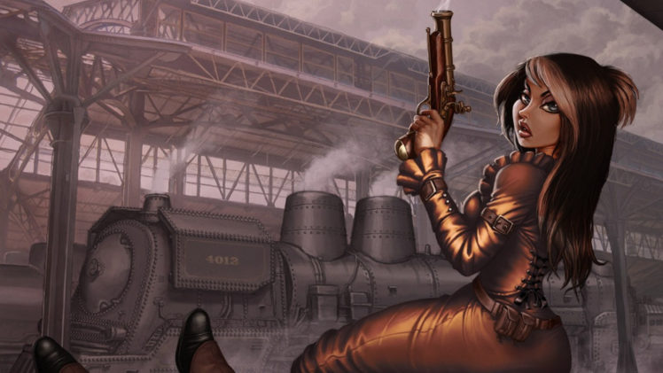 steampunk, Mechanical, Trains, Girls, Women, Females, Brunettes, Weapons, Guns, Pistols HD Wallpaper Desktop Background